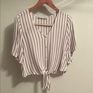 Abercrombie & Fitch White and Red Striped Tie-Front Blouse